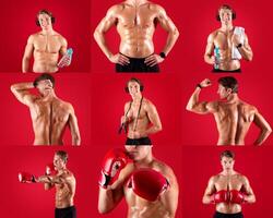 A fit athlete poses in different stances while holding a water bottle, towel, and boxing gloves, showcasing strength and determination in front of a vibrant red backdrop. photo