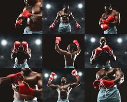 African American boxer practices different stances and movements while wearing red gloves. The training takes place in a dimly lit gym, emphasizing the athlete's strength and focus. photo