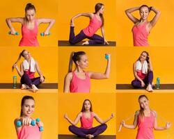 A passionate individual showcases different workout routines in a bright, cheerful setting, highlighting strength training and flexibility with dumbbells and stretches. photo