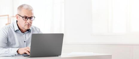 Web Surfing Concept. Focused Senior Man In Specs Using Wifi Working On Laptop, Free Space photo