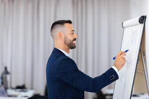 A professional man stands beside a flip chart, enthusiastically explaining concepts to an attentive audience at a corporate meeting in a contemporary office setting. photo