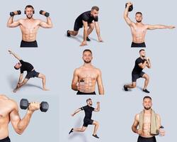 A fit man engages in multiple exercises at home, showcasing strength training, stretching, and cardio. The light background emphasizes his commitment to fitness and well-being. photo