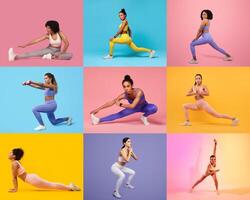 A group of women stretch and exercise across vibrant pastel backgrounds, showcasing different fitness poses and exercises, highlighting movement and energy in a playful setting. photo