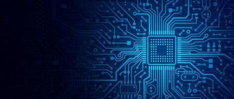 Illustration of computer processor chip on circuit board, empty space. Panorama photo