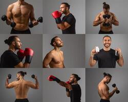 A man performs various exercises with dumbbells and boxing gloves in a studio, highlighting his strength and fitness. He demonstrates different poses, emphasizing physical conditioning and wellness. photo