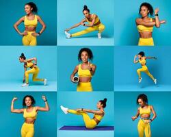 Black fitness lady showcases a range of exercises in a vibrant blue studio. The individual performs stretches, strength training, and agility moves, highlighting enthusiasm and dynamic movement. photo