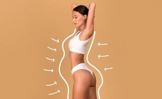 Liposuction concept. Drawn outlines with arrows around fit lady in white underwear, slender woman with perfect figure posing over beige studio background, collage photo