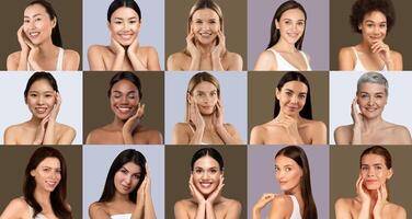 A collection of women with various skin types and tones demonstrating different skincare routines. They are smiling and engaging with the camera in a well-lit setting. photo