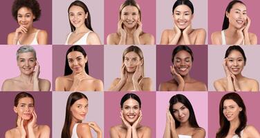 Sixteen women of various backgrounds participate in a skincare workshop, demonstrating beauty techniques and sharing smiles against a colorful backdrop. The atmosphere is vibrant and inviting. photo