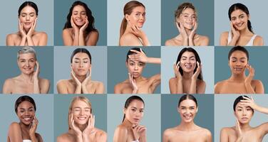 A vibrant collection features women of different backgrounds expressing joy while applying skincare products. Each person displays a unique skincare routine in a studio setting. photo