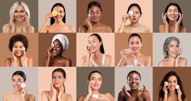 A diverse group of women from various backgrounds smiles while applying skincare products. The cozy atmosphere highlights their joy and commitment to self-care and beauty rituals. photo