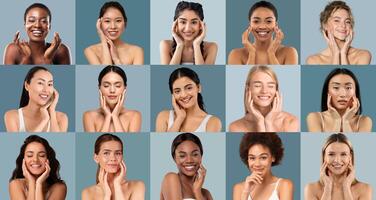 A vibrant collection of women from diverse backgrounds smiling and applying skincare. Each woman poses with hands on their face in a bright, cheerful environment, highlighting beauty and self-care. photo