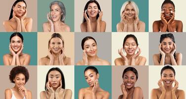 A group of women from various backgrounds showcase skincare routines and beauty expressions, highlighting joy and self-care in a colorful studio environment filled with natural light. photo