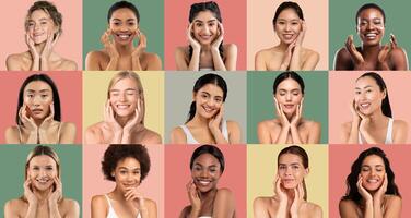 A collection of women from various backgrounds demonstrates skincare routines with joyful expressions. The colorful backdrop emphasizes their unique beauty and positivity during the activity. photo