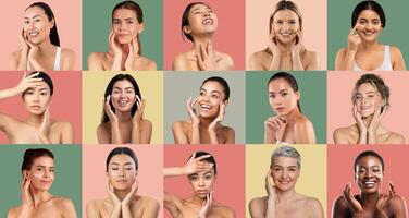 A joyful gathering of women from various backgrounds engaging in skincare routines, each expressing happiness while applying products to their faces against colorful backgrounds. photo
