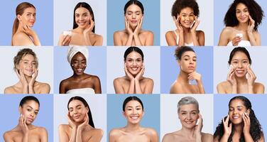 A group of women from different backgrounds engages in skincare routines, expressing happiness and confidence. Each person displays unique skin types and practices, showcasing diversity. photo
