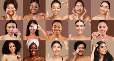 A vibrant collage showcases women of various backgrounds engaging in skincare routines, smiling as they apply products. The setting emphasizes beauty and wellness through diverse practices. photo