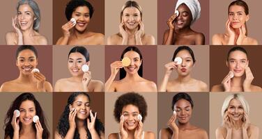 A group of women with various skin tones and hair types demonstrate their skincare routines, smiling and applying products in a neutral-toned studio backdrop. photo