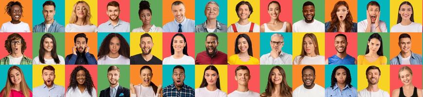 Human Emotions And Mood. Series of multiethnic people faces and portraits on studio background, panorama. Diverse men and women grimacing. Composition of different facial expressions and avatars photo