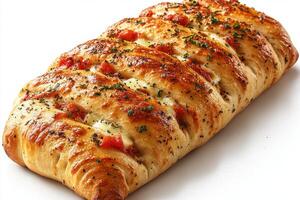 classic Italian calzone appears golden brown crisp exterior revealing melted mozzarella and rich tomato sauce highlighting superb culinary skills elegant presentation. photo