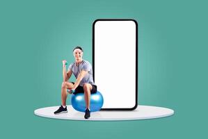 A person wearing a headband sits on a stability ball while lifting a dumbbell, demonstrating a workout routine. A large blank screen stands in the background, enhancing the fitness theme. photo