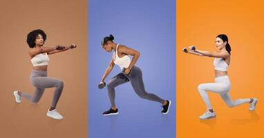 Three women perform strength training exercises using dumbbells. Each is focused on their workout, showcasing different routines against colorful backgrounds. photo