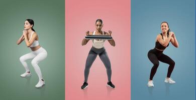 Three women demonstrate different squat variations in a vibrant studio, showcasing strength and fitness. Each athlete wears unique workout attire and maintains proper form for effectiveness. photo