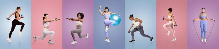 A group of energetic women participates in various fitness exercises, showcasing strength and flexibility in vibrant, colorful settings during daytime workouts. photo