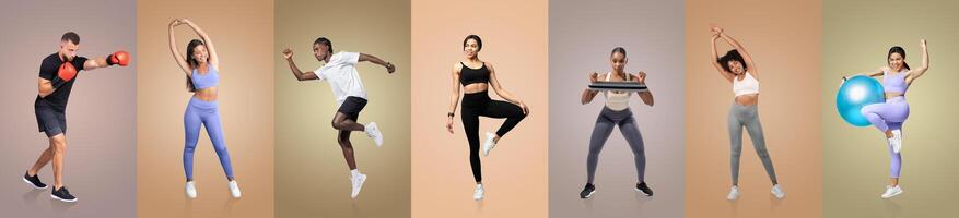 A group of individuals engaged in different exercise routines in a modern indoor fitness environment. Each person highlights unique movements, emphasizing fitness and wellness. photo
