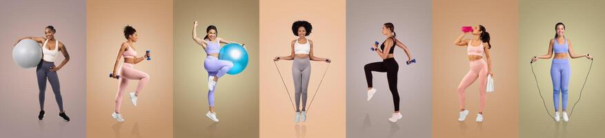 A group of women participate in various fitness activities using equipment like exercise balls, dumbbells, and jump ropes against vibrant, soft-toned backdrops. photo