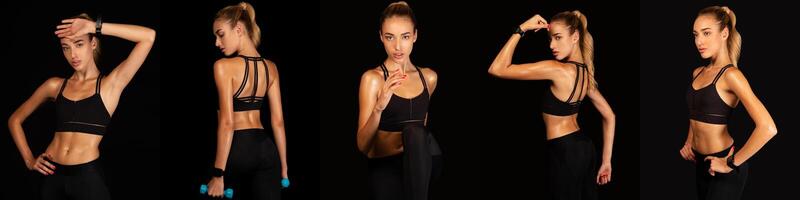 A fitness model demonstrates various workout poses in a studio setting. The black backdrop enhances her athletic attire and emphasizes her toned physique, capturing the essence of strength training. photo