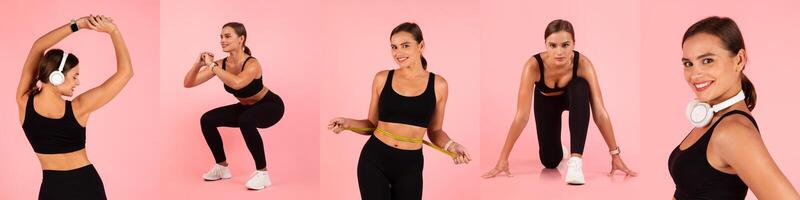 A fit young woman performs various exercises against a vibrant pink backdrop. She showcases movements like squats, stretching, and playful poses while wearing workout attire and headphones. photo