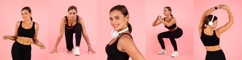 A fit woman showcases different workout poses in a black sports outfit. She smiles confidently while demonstrating exercises, wearing headphones and exuding energy against a vibrant pink background. photo