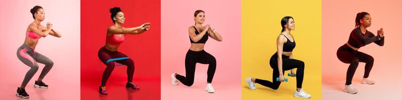 Five women engage in strength training exercises, showcasing lunges and squats. Each performer uses different techniques while dressed in vibrant workout attire against bright backgrounds. photo
