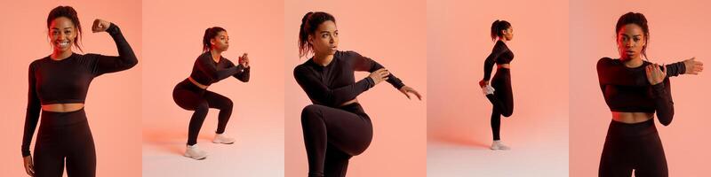 A young black woman demonstrates various exercises, including squats and arm stretches, showcasing her fitness routine. The vibrant peach background adds energy to her active poses. photo