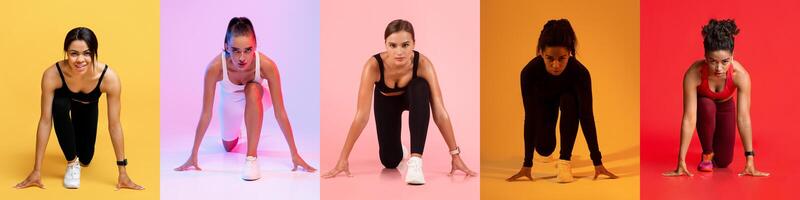 Five women are captured in dynamic starting positions on colorful backgrounds, showcasing strength and determination as they prepare for a race, each highlighting individual athleticism and spirit. photo