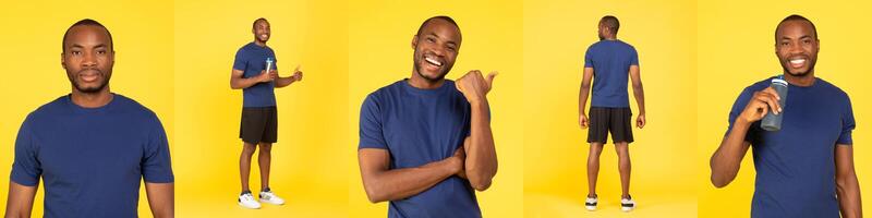A confident African American athletic man showcases different poses against a vibrant yellow background. He displays a range of expressions, while sporting casual workout attire. photo