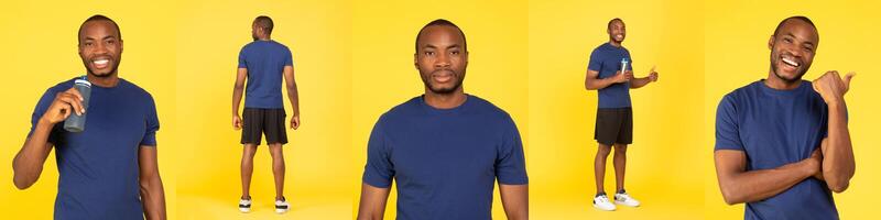 African American man stands confidently in various poses against a vibrant yellow background. He smiles and showcases relaxation, holding a beverage, reflecting a joyful mood and athletic vibe. photo