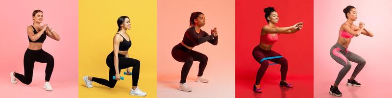 Five women demonstrate different workout exercises, featuring lunges, squats, and resistance bands against bright, colorful backdrops in a gym. Each is focused on their form and technique. photo