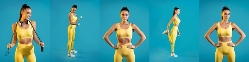 A woman dressed in yellow workout gear performs various fitness exercises in a bright studio. She showcases strength and flexibility with different props and poses. photo