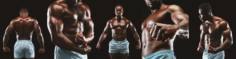 A muscular athlete poses confidently, displaying impressive physique and strength in a well-lit studio. The focus is on his defined muscles and intensity during the shoot. photo