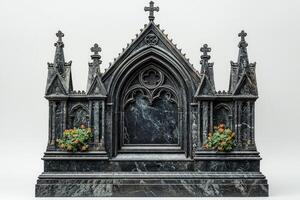 striking gothic style headstone features polished granite ornate details typical gothic architecture standing solemnly vibrant flowers its base. photo