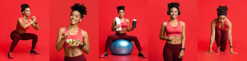 Black woman demonstrates different workout exercises, including squats and ball poses, while showcasing a healthy lifestyle through fitness gear and nutritious snacks in a bright environment. photo