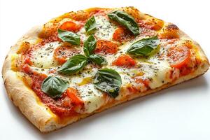 slice Margherita pizza sits clean white background showcasing thin crust topped vibrant tomato sauce rich mozzarella and aromatic basil enhanced drizzle olive oil. photo