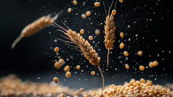 Wheat groats are captured mid air highlighting their unique shapes and texture dark backdrop emphasizing their natural beauty and separation. photo