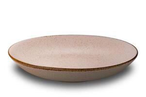 High angle view of empty spotted brown ceramic bowl with dark edge isolated on white background with clipping path. photo