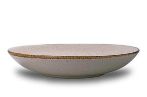 Closeup view of empty spotted brown ceramic bowl with dark edge isolated on white background with clipping path. photo