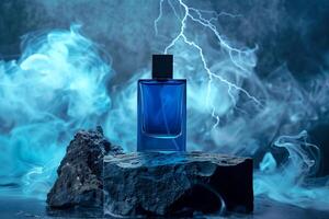 mystical blue perfume with lightning and clouds in a dark atmospheric setting photo