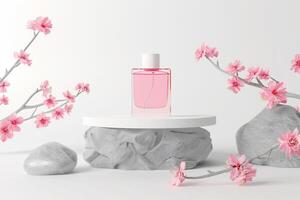 A mock-up of a pink perfume bottle in close-up on a podium made of gray stone with blooming cherry branches on the background, bokeh effect. photo