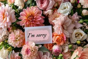 A postcard with a handwritten inscription I'm sorry in a bouquet of beautiful flowers. Bokeh in the background. photo